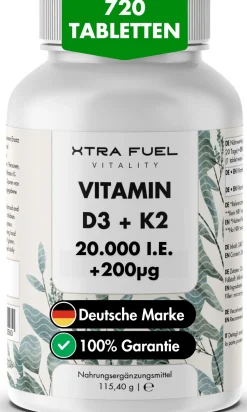 XTRA FUEL Vitamin D3 + K2 Tabletten - 20.000 I.E. + 200mcg MK-7 all-trans| Hot