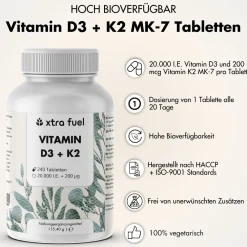 XTRA FUEL Vitamin D3 + K2 Tabletten - 20.000 I.E. + 200mcg MK-7 all-trans| Hot