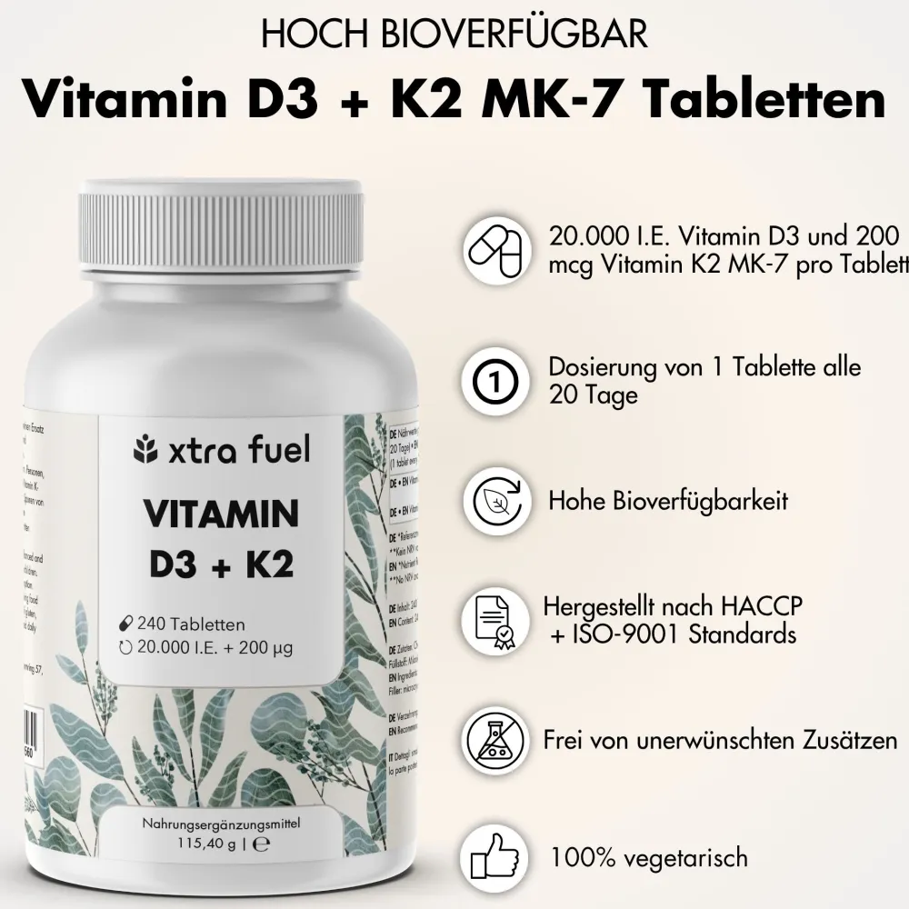 XTRA FUEL Vitamin D3 + K2 Tabletten - 20.000 I.E. + 200mcg MK-7 all-trans| Hot