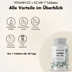 XTRA FUEL Vitamin D3 + K2 Tabletten - 20.000 I.E. + 200mcg MK-7 all-trans| Hot