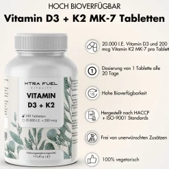XTRA FUEL Vitamin D3 + K2 Tabletten - 20.000 I.E. + 200mcg MK-7 all-trans| Hot