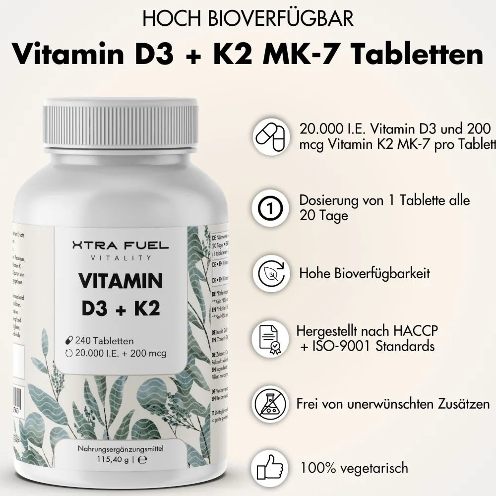 XTRA FUEL Vitamin D3 + K2 Tabletten - 20.000 I.E. + 200mcg MK-7 all-trans| Hot