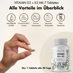 XTRA FUEL Vitamin D3 + K2 Tabletten - 20.000 I.E. + 200mcg MK-7 all-trans| Hot