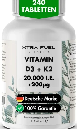 XTRA FUEL Vitamin D3 + K2 Tabletten - hochdosierte 20.000 I.E. + 200mcg MK-7 all-trans> Outlet