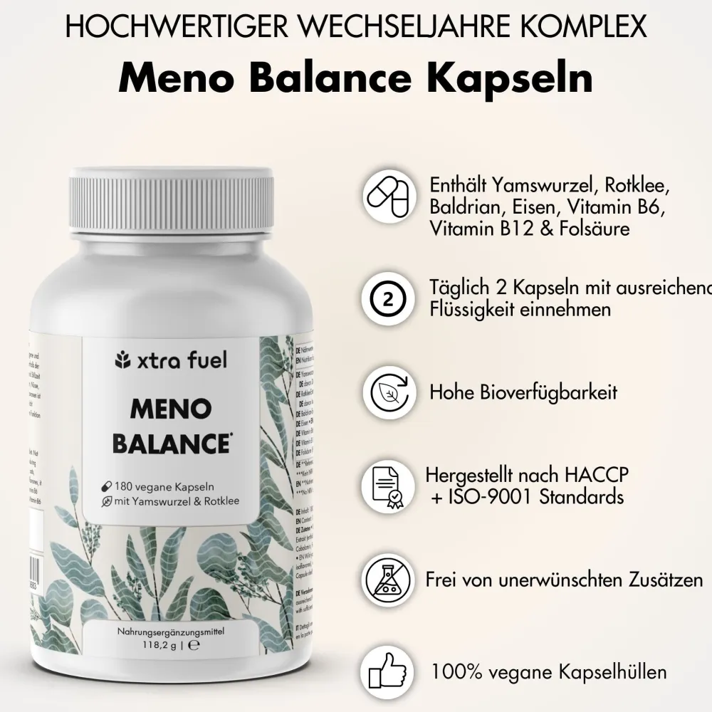 XTRA FUEL Wechseljahre Kapseln - Meno Balance mit Yams, Rotklee, Baldrian und Eisen| Best