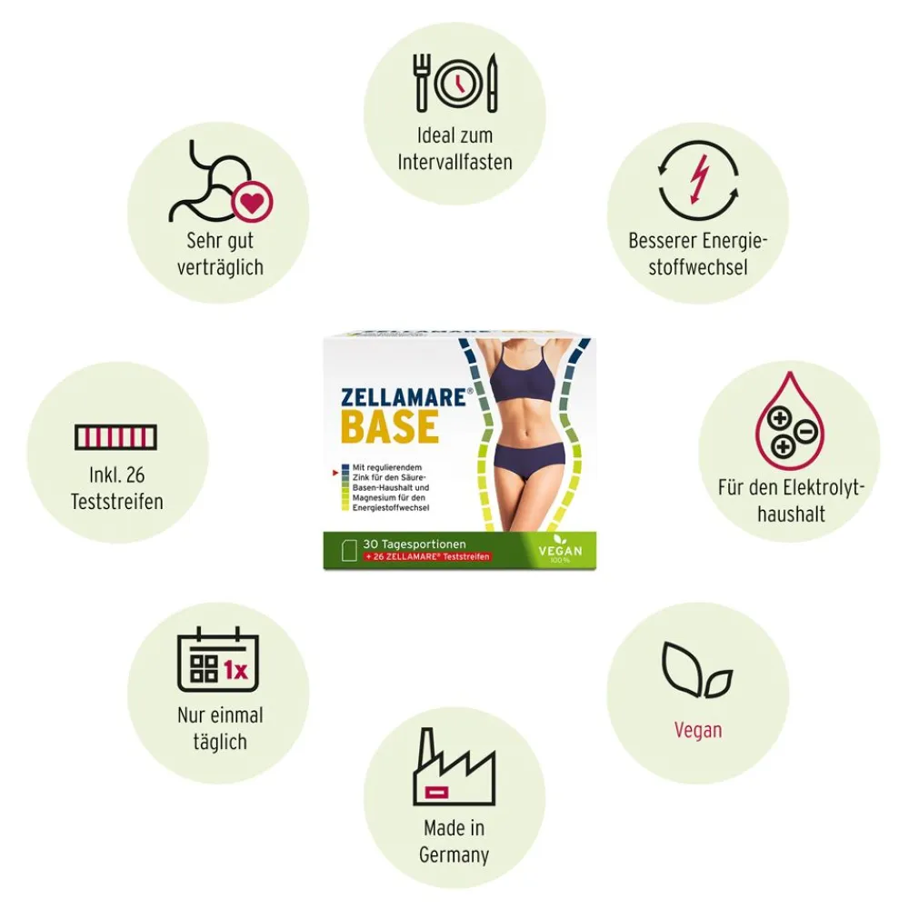 ZELLAMARE BASE + Teststreifen - für Intervall-Fasten, Säure-Basen-Haushalt + Stoffwechsel, VEGAN, glutenfrei| Discount
