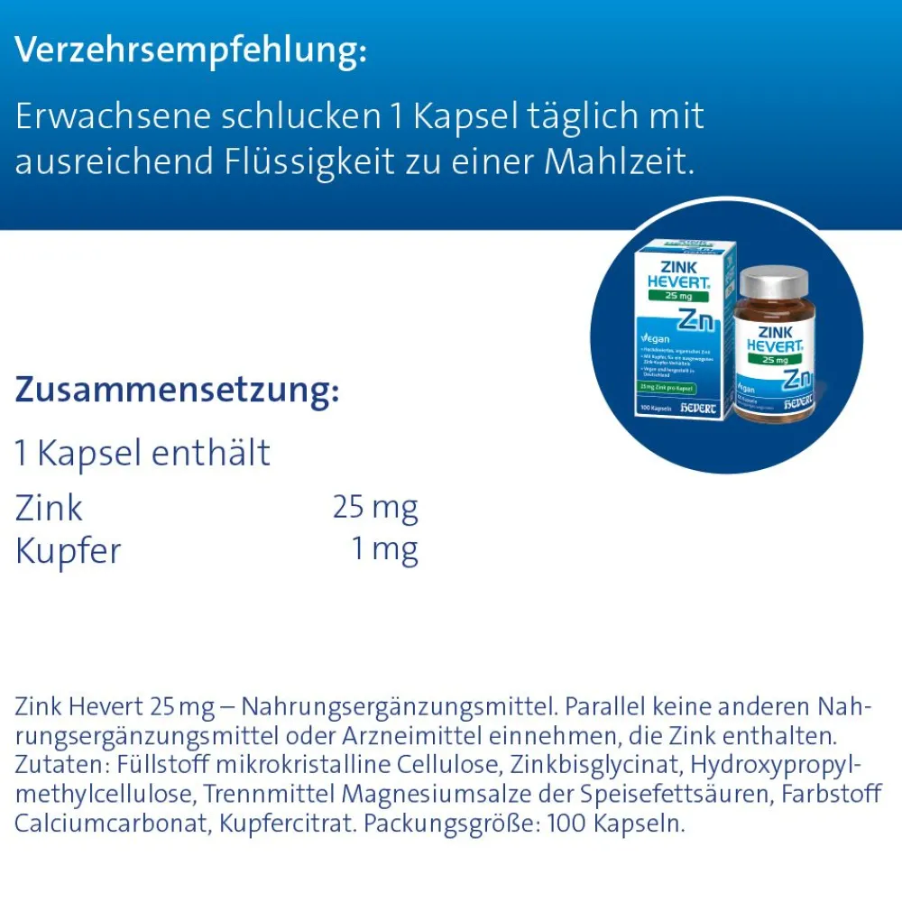 Zink Hevert 25 mg – Kapseln mit Zink und Kupfer zur Immunsystempflege> Hot