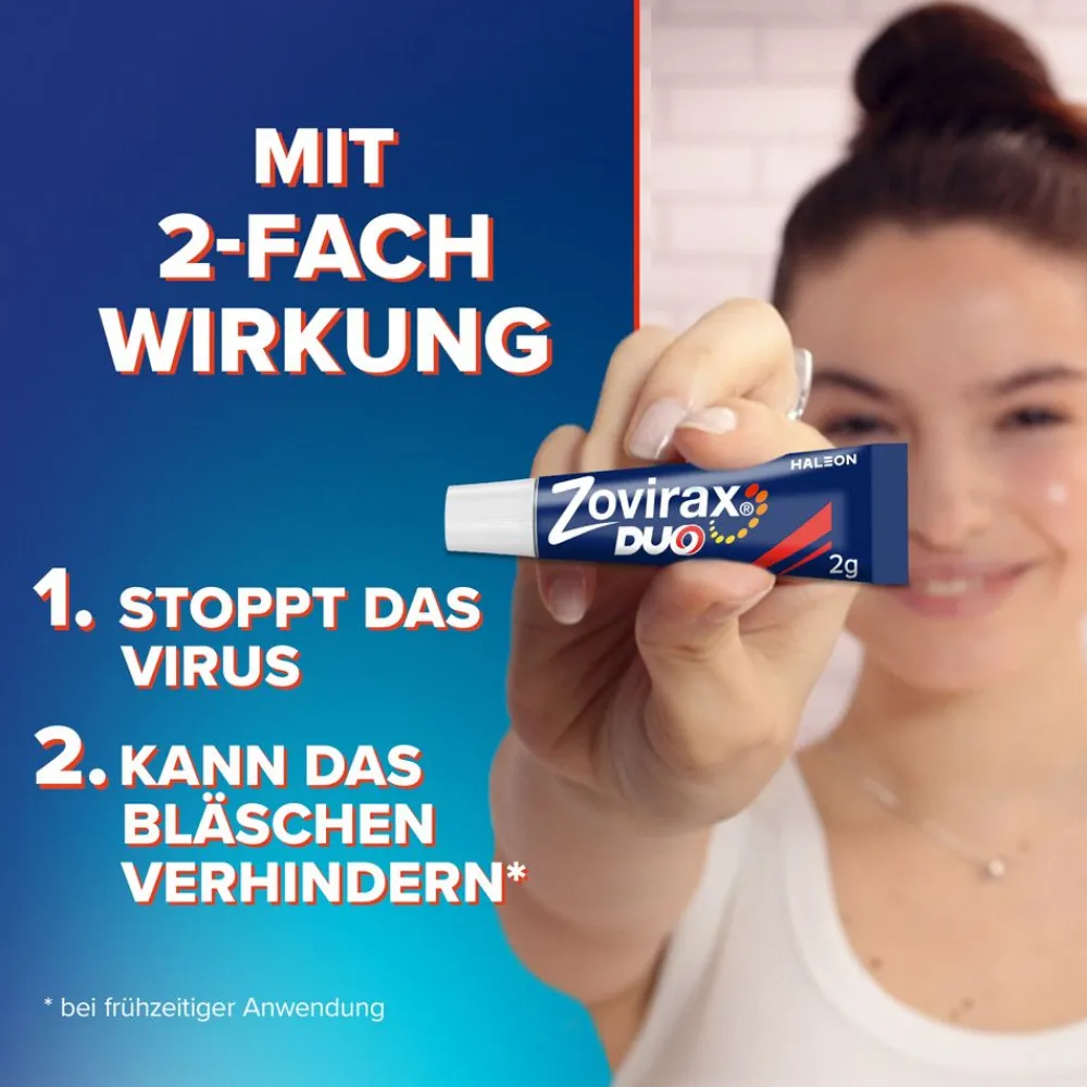Duo Creme bei Lippenherpes. 5 % Aciclovir, 1 % Hydrocortison. 2 g Tube|ZOVIRAX New