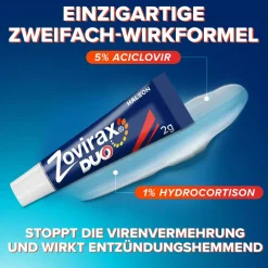 Duo Creme bei Lippenherpes. 5 % Aciclovir, 1 % Hydrocortison. 2 g Tube|ZOVIRAX New